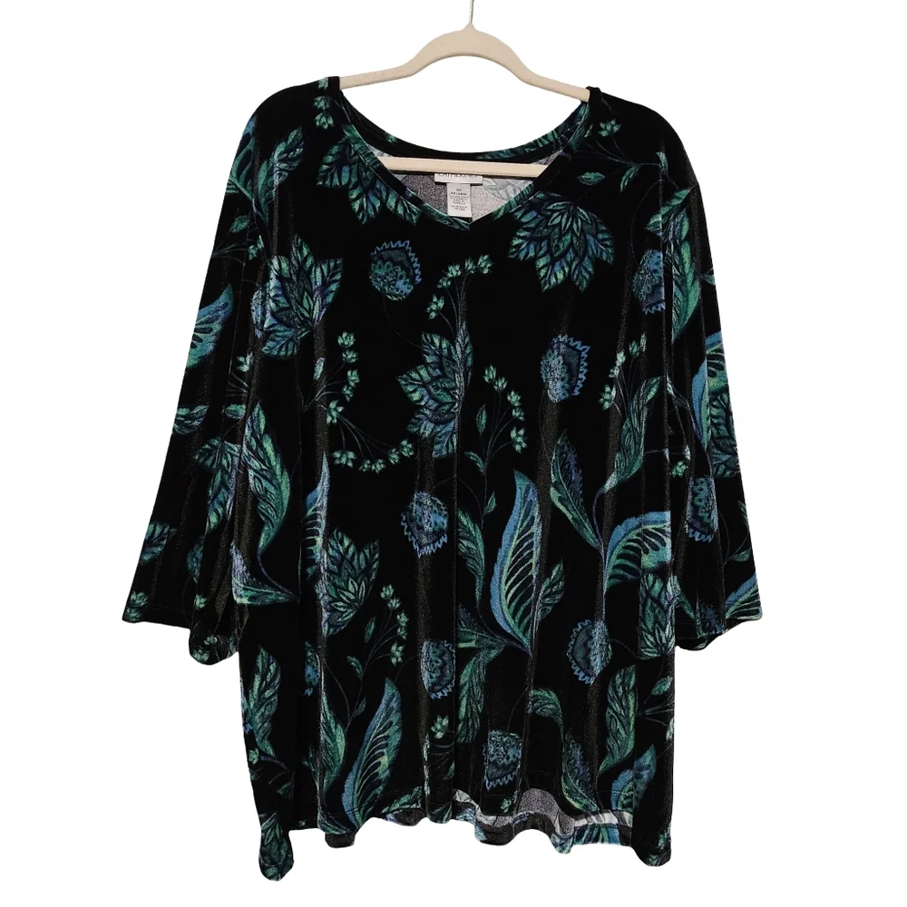 CATHERINES Velvet Tunic Top Womens Plus 3X Black Green Blue Dark Floral Fall - Picture 2 of 9